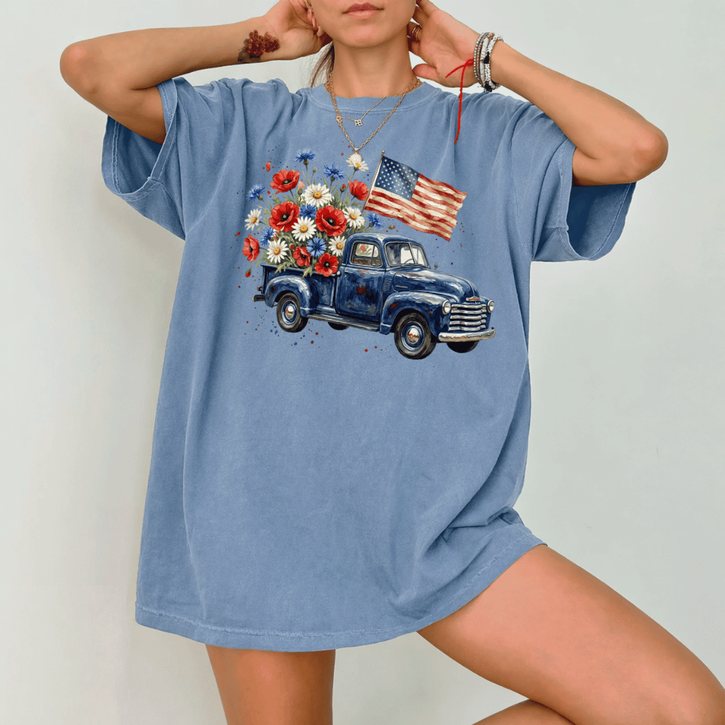 USA Flag Retro Truck Comfort Colors Shirt – 4th of July Country Style Gift for Her, Patriotic Tee - back view
